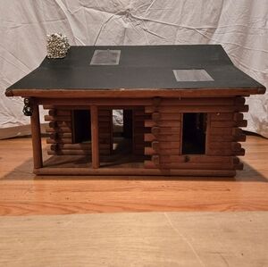 Vintage Wooden Log Cabin Dollhouse with Black Roof